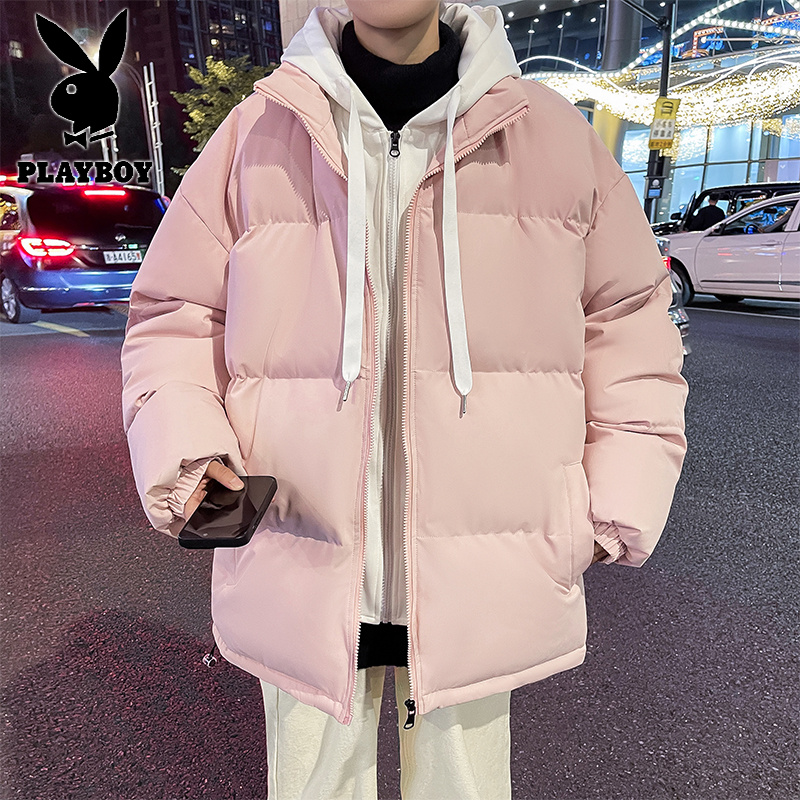 花花公子新款假两件棉衣男连帽宽松青少年加厚保暖冬季外套男 粉红色 XL