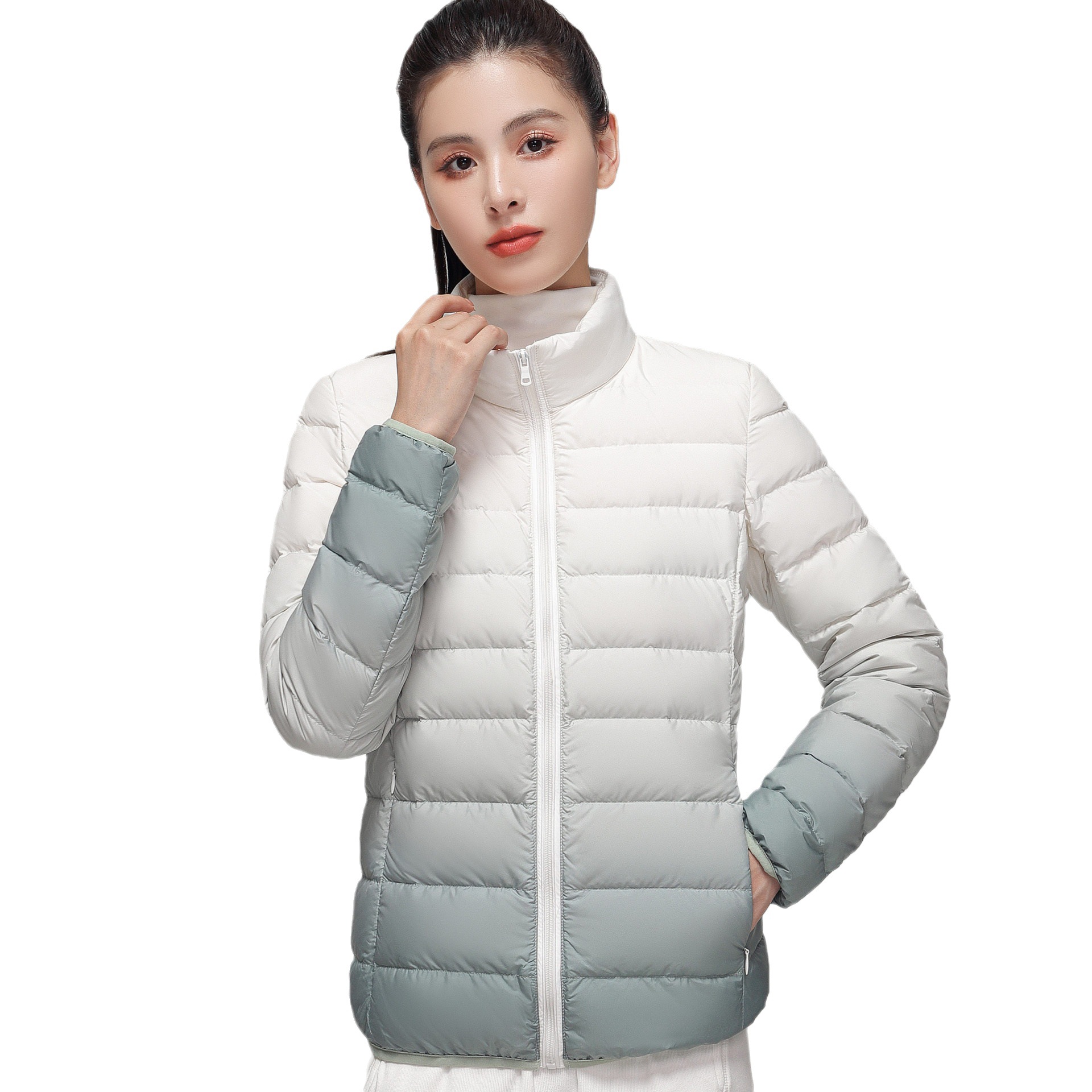 女装秋冬新款90绒轻薄羽绒服女款女式立领渐变色撞色外套_273131高清大图