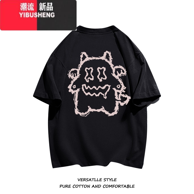 YIBUSHENG看的卡其色短袖t恤女季oversize宽松半袖印花上衣 黑色260g纯棉高质量版 M