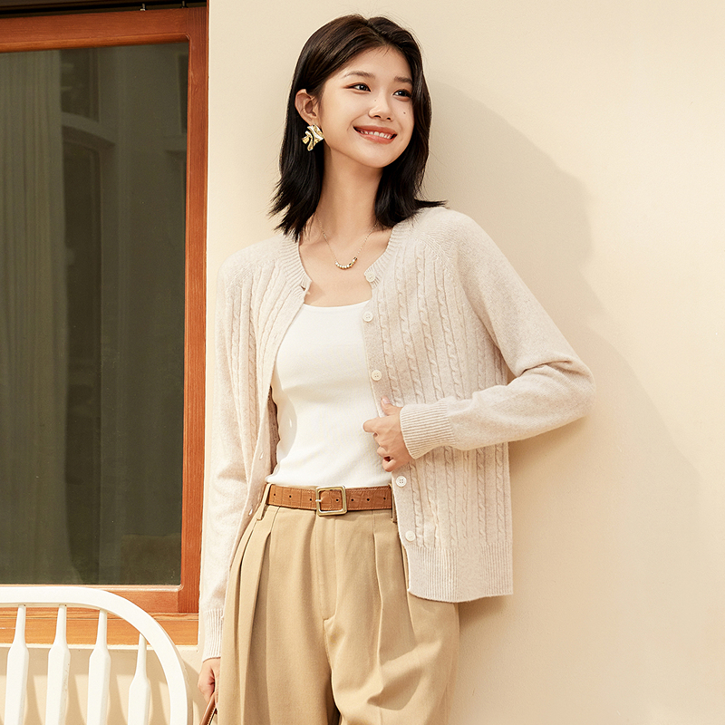 [100%绵羊毛]恒源祥羊毛衫女纯色单排扣针织开衫减龄绞花毛衣