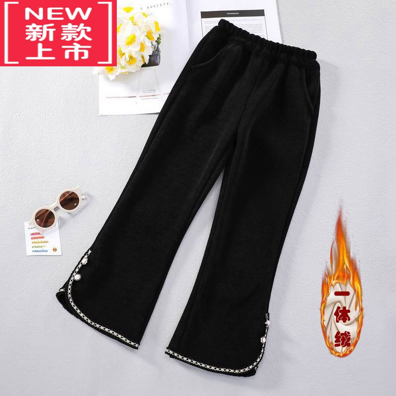 可莉允女童加绒裤子女中大童冬季休闲裤女孩灯芯绒保暖长裤一体绒喇叭裤保暖裤