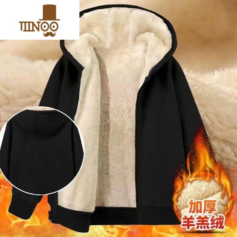 YANXU拉链连帽开衫卫衣男羔绒长袖夹克加绒加厚休闲运动保暖外套男上 3XL145-160斤 黑色拉链羊羔绒