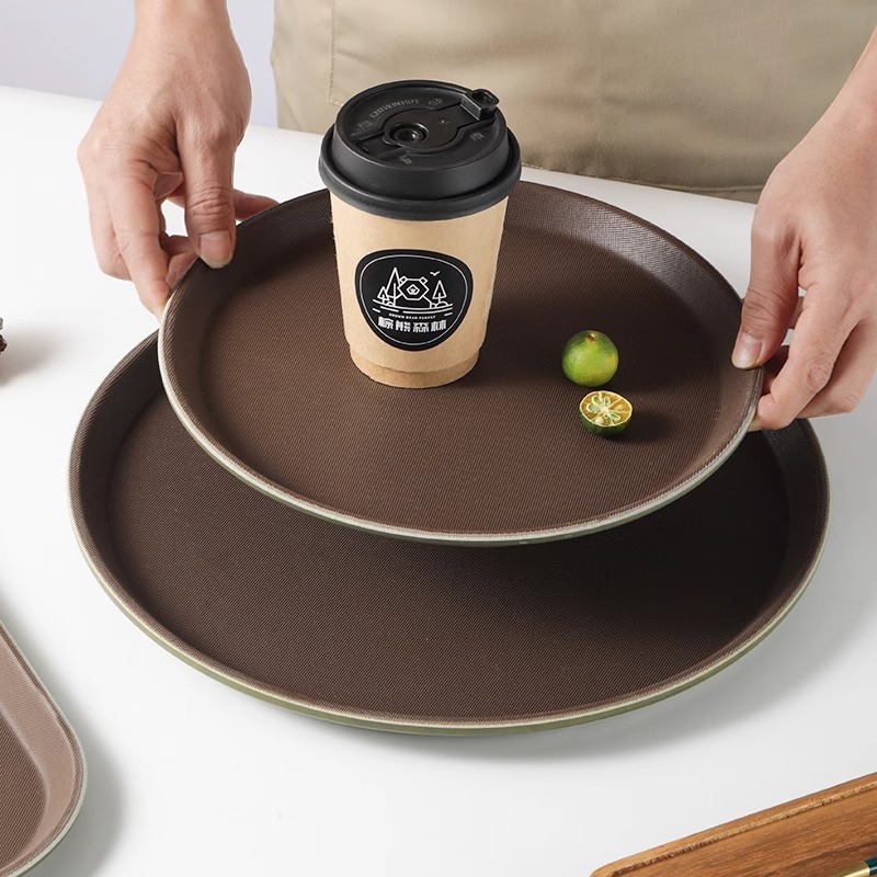 敏胤 MYP-0010圆形钢化防滑商用托盘 直径35cm(褐色)高清大图