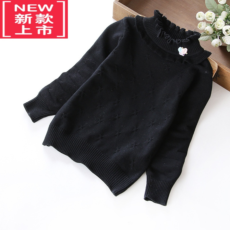 可莉允秋冬女童毛衣套头棉质白色针织衫圆领宝宝儿童半中高领打底衫线衣