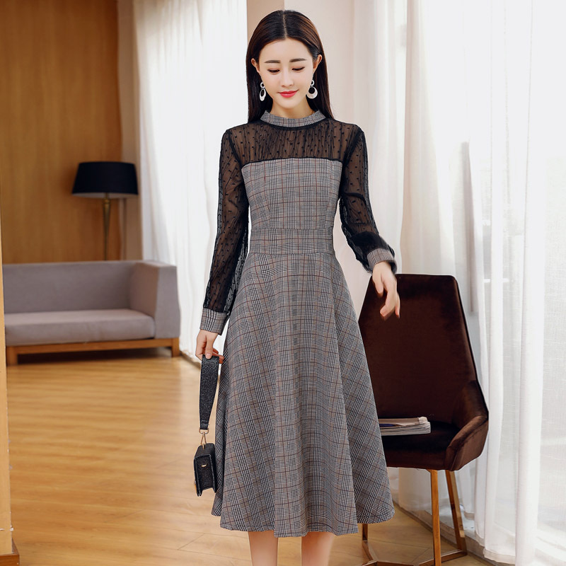 拼接x型蕾丝拉链长裙长袖女士年春季单件圆领格子连衣裙