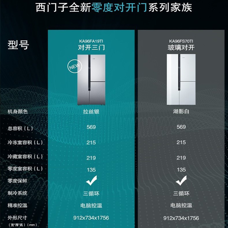 SIEMENS/西门子零度保鲜 无霜变频大容量 对开门三门KA96FA19TI
