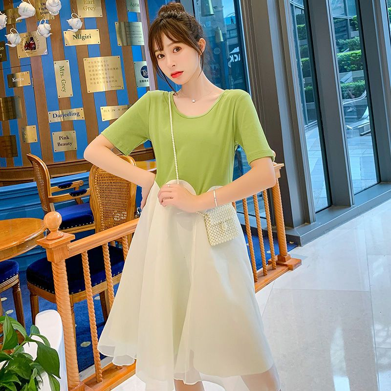 孕妇装夏装孕妇连衣裙韩版拼接宽松孕妇装夏季中长款外出孕妇裙子 绿色连衣裙 M
