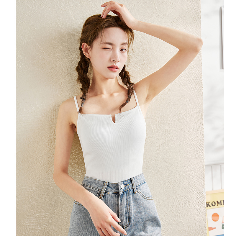 唐狮夏季新款女吊带背心美背内搭带胸垫开叉白色少女上衣