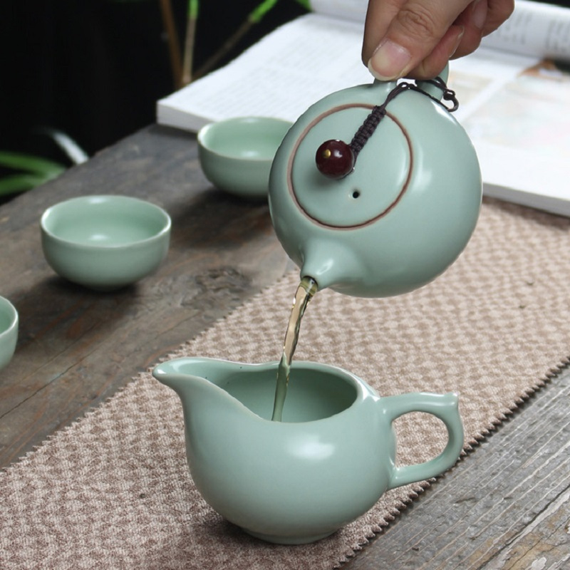 大润窑(DA RUN YAO)名窑古瓷汝窑8件套 功夫茶具套装浅绿色.