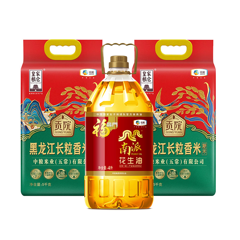 中粮福临门 28斤米油套餐 盛世美满 花生油4L 黑龙江长粒香米5kg*2