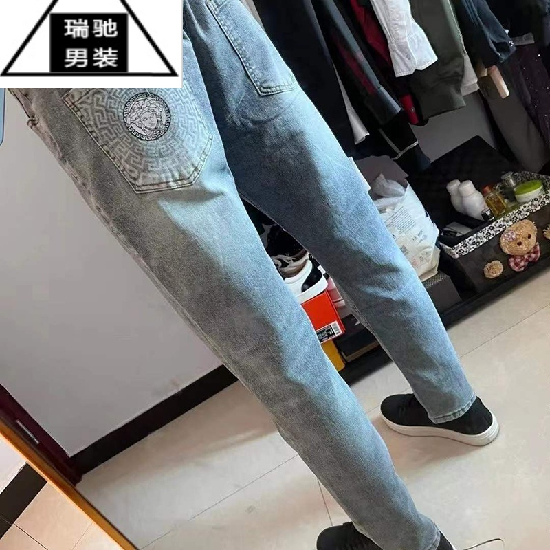 希杰狮王2023年秋季新款印花牛仔裤男网红潮牌修身百搭学生九分休闲长裤子