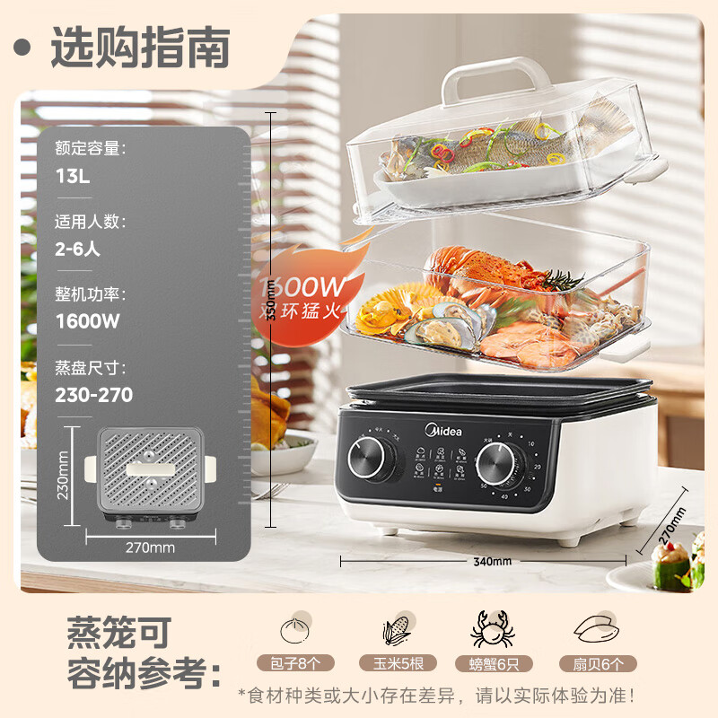 美的MZ-ZGE272352C穿透蒸电蒸锅 电煮锅 电火锅 多功能锅家用电蒸锅 双控速蒸13L大容量蒸煮多用途锅高清大图