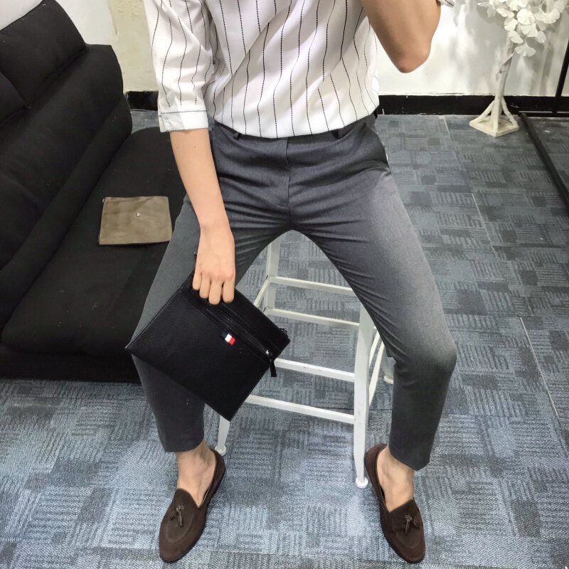 韩国春季新款潮男休闲西裤韩版修身百搭青年英伦型师小脚九分裤