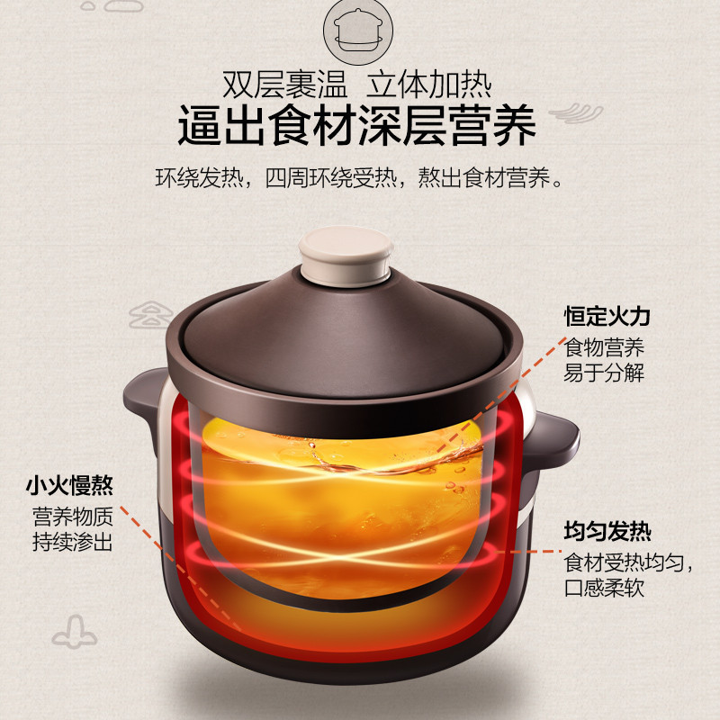 小熊(Bear)电炖锅DDG-D40E2 4L大容量真天然紫砂单胆 微电脑预约预约功能3-4L家庭熬粥炖汤燕窝盅 电炖盅