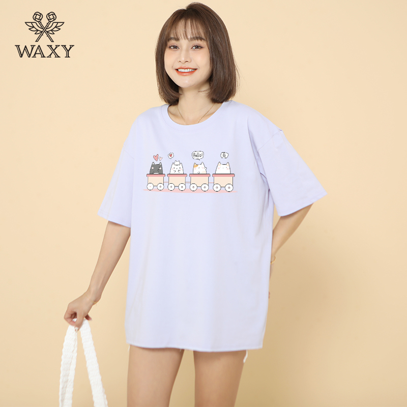 WAXY纯棉短袖女设计感小众T恤学生百搭宽松打底衫潮嘻哈甜辣上衣