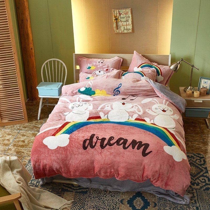 美帮汇四件套绒面 双面绒珊瑚绒床单加绒加厚毛绒被套冬天 儿童 彩虹兔 床笠款：1.8床四件套【被套200*230cm】