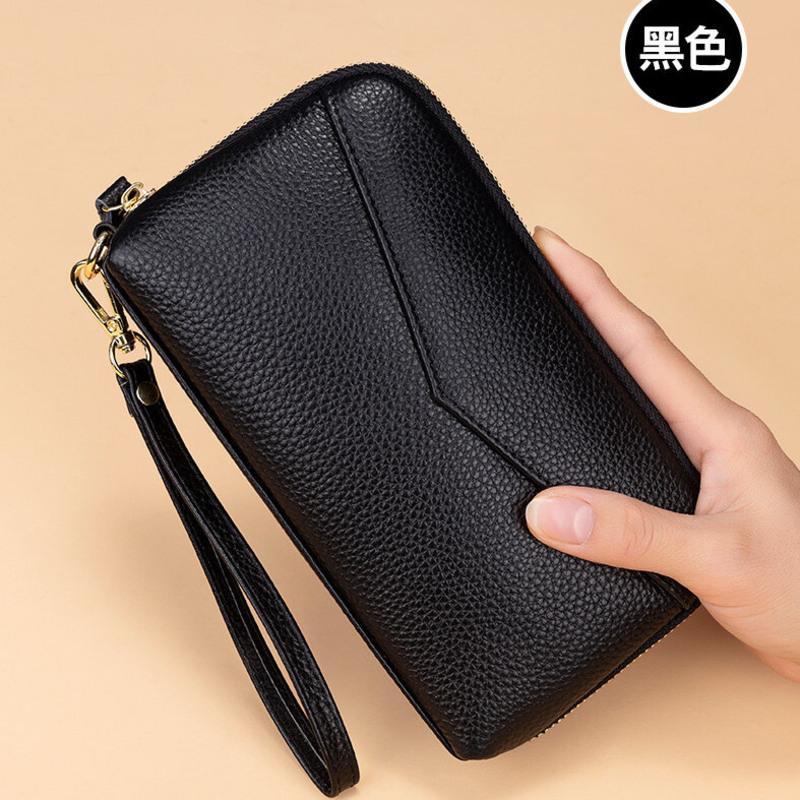 新款真皮手包女款手抓包大容量手机包拉链钱包女士牛皮长款手拿包黑色