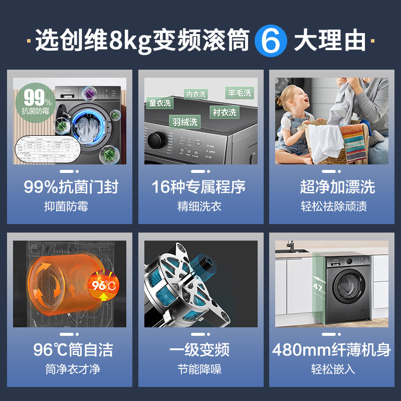 创维8公斤全自动滚筒洗衣机家用小型的变频除菌超薄平嵌XQG80-18A