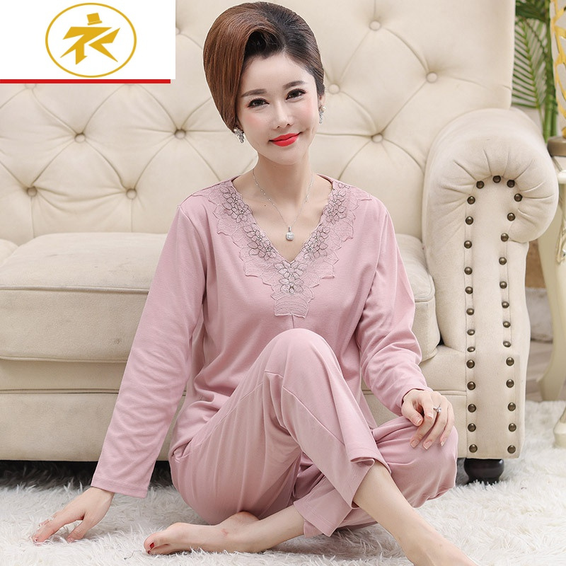 Ideamini春秋季中年妈妈睡衣女秋棉长袖中老年人妇女棉老人家居服套装睡衣
