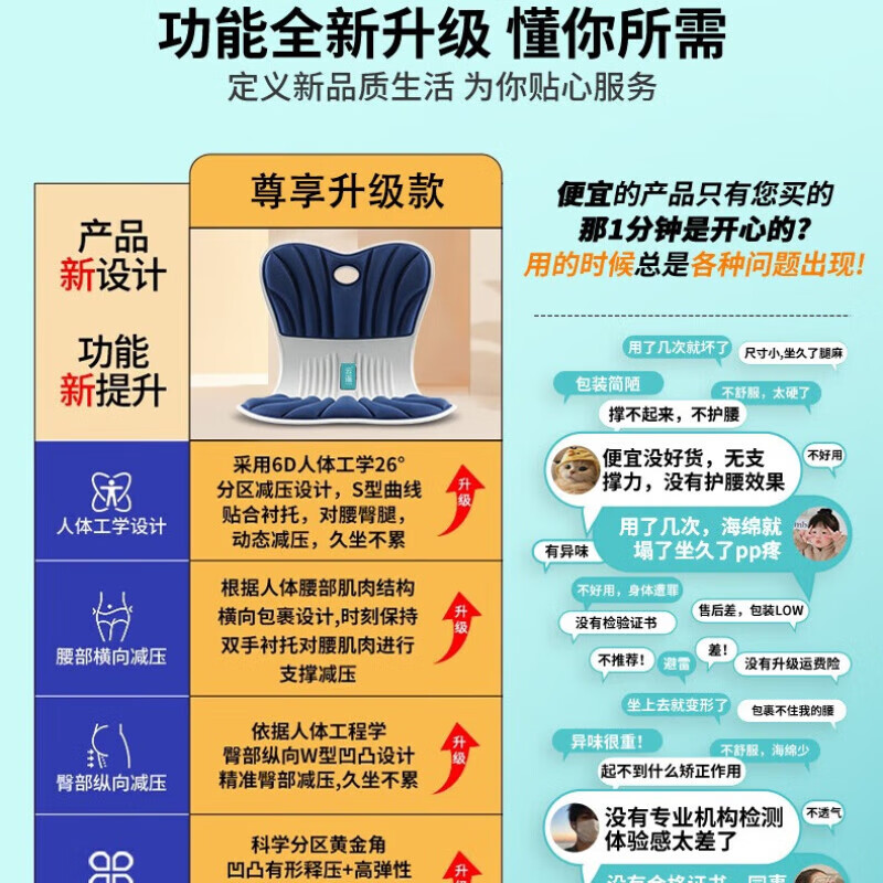 云遥 人体工学护腰坐垫靠背一体护腰坐姿椅久坐神器 坐姿矫正器YY02蓝色高清大图