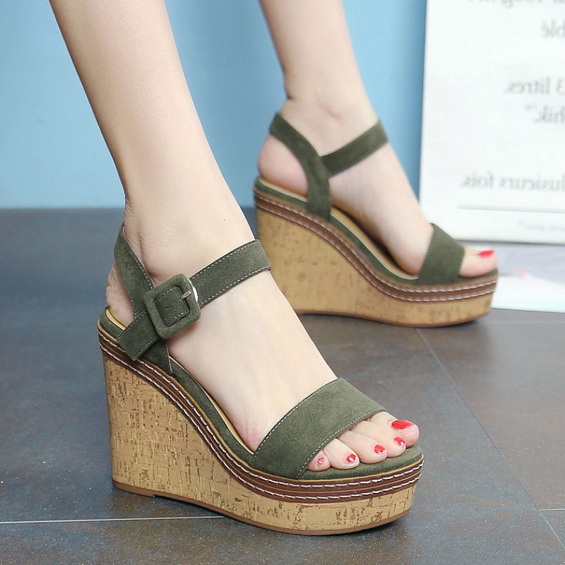 suntek坡跟凉鞋女夏防水台欧美2022新款厚底绒面小码时尚一字女鞋高跟