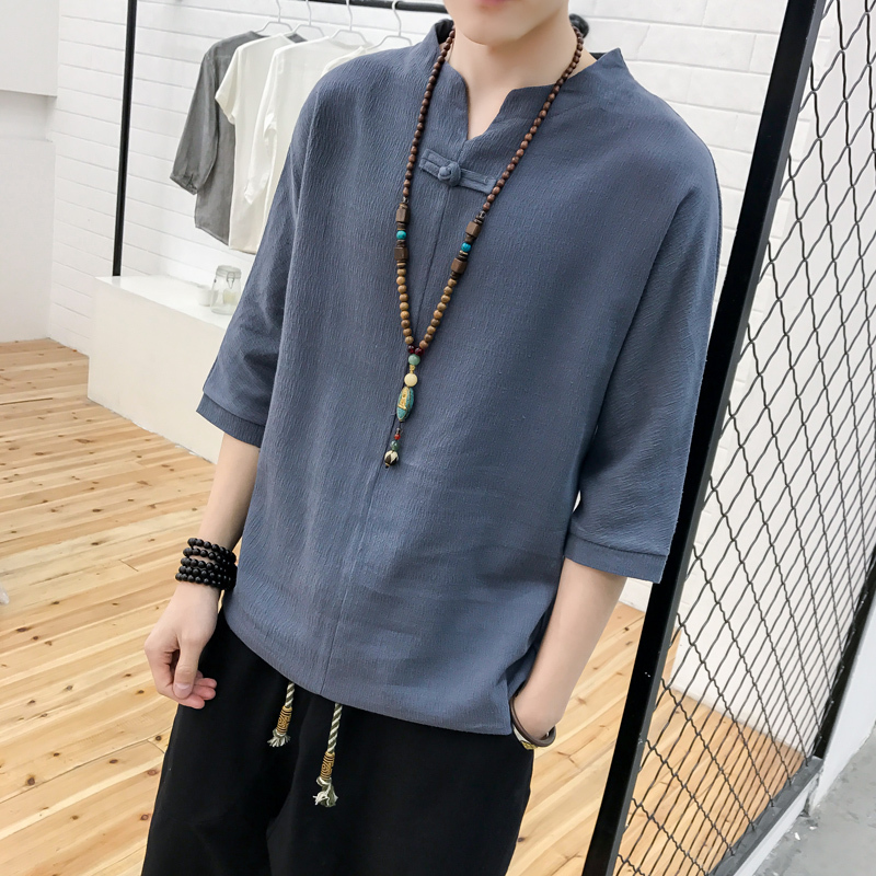 春夏季中国风七分袖V领T恤男上衣服盘扣体恤中袖大码潮短袖男装潮