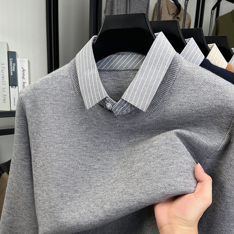 加厚男士毛衣假两件2025秋冬季新款翻领休闲打底针织衫男高清大图