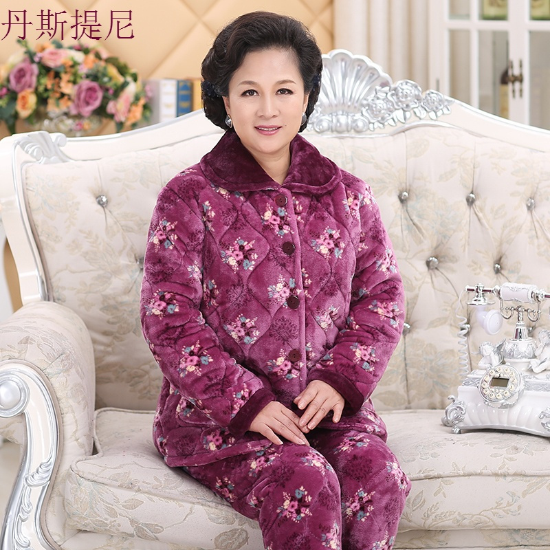 中老年人睡衣女冬季加厚绒三层夹棉珊瑚绒法兰绒套装妈妈家居服秋