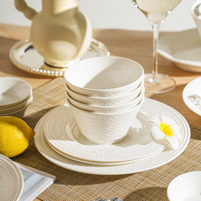 三维工匠法式家用浮雕陶瓷米饭碗餐具组合2024新款面碗平盘鱼盘西餐盘