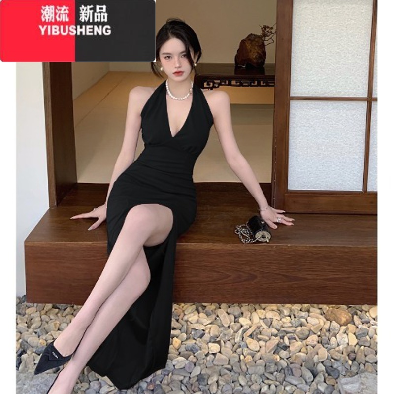 YIBUSHENG黑色露背开叉挂脖连衣裙女赫本风高级感小礼裙修身显瘦性感长裙 黑色 S