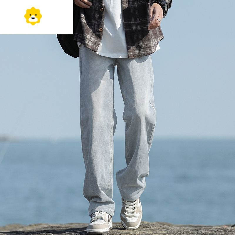 basket烟灰色牛仔裤男士季薄款宽松直筒休闲裤青少年美式潮牌复古裤子