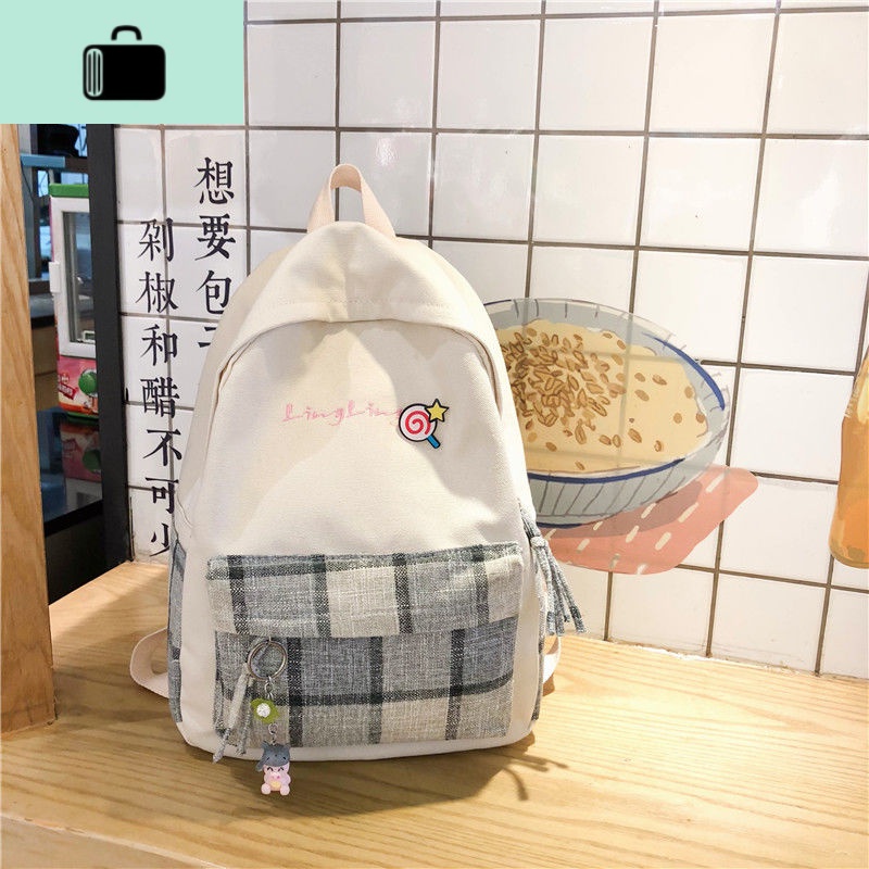 古着感少女书包女韩版高中ins风大学生校园背包格子双肩包女森系NEW LAKE 蓝色