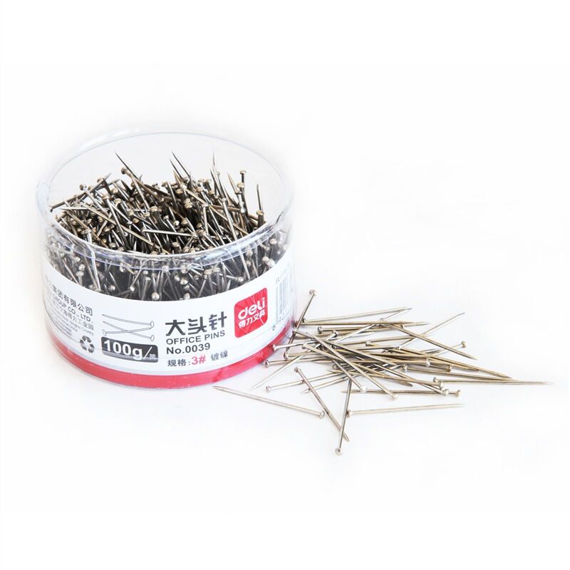 得力(deli)0039 3#大头针100g/筒5筒装直别针 金属固定针镀镍大头钉子摁钉图丁工字钉圆头小图钉 办公用品