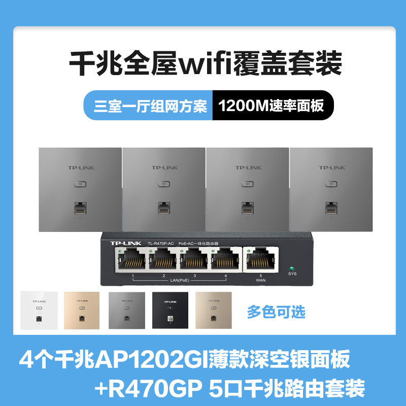 TP-LINK全屋WIFI覆盖方案三室一厅1200M双频千兆无线面板AP套装 4个千兆面板AP1202GI薄款(方)深空银+5口千兆一体化路由器智能家居大户型复式别墅家庭用办公组网