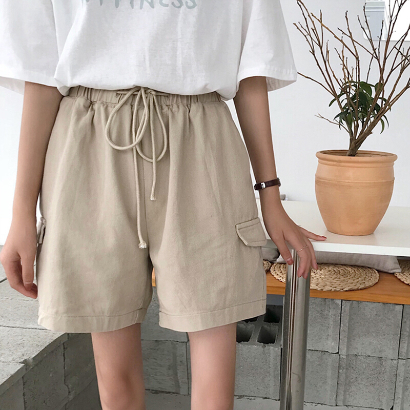 简约基础款宽松休闲裤女装韩版夏季松紧腰抽绳阔腿裤学生工装短裤