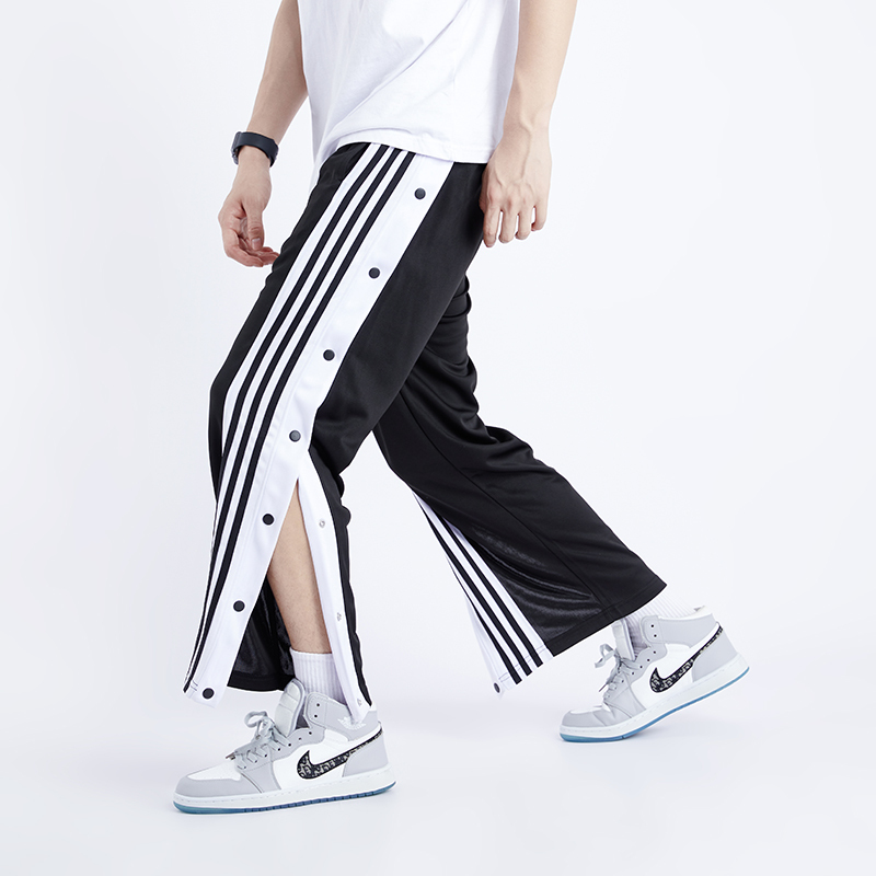 篮球排扣裤高街直筒阔腿扣裤全开运动侧开纽扣裤春秋大码女裤子男