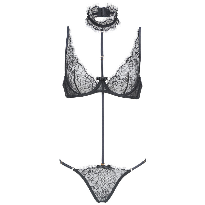性感睫毛蕾丝带文胸薄款透明内衣女士激情套装赫本黑lt文胸内裤项圈gt