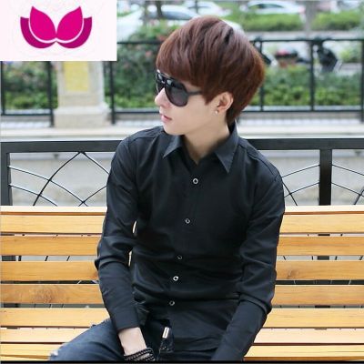 七斓春季男士白色衬衫修身青少年商务职业正装纯色长袖白衬衣潮男装 长袖黑色衬衫 S