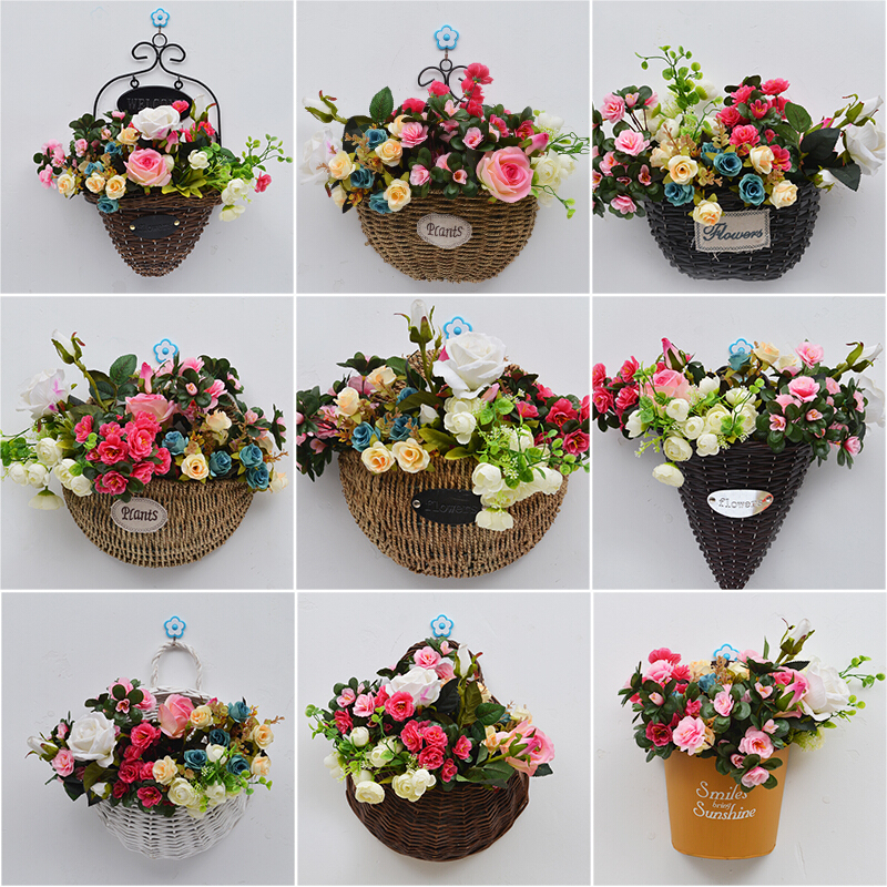 18新款壁挂花篮藤编挂墙花篮编手工花篮插花仿真花卉绿植篮花盆田园懒人壁挂花瓶盆7大