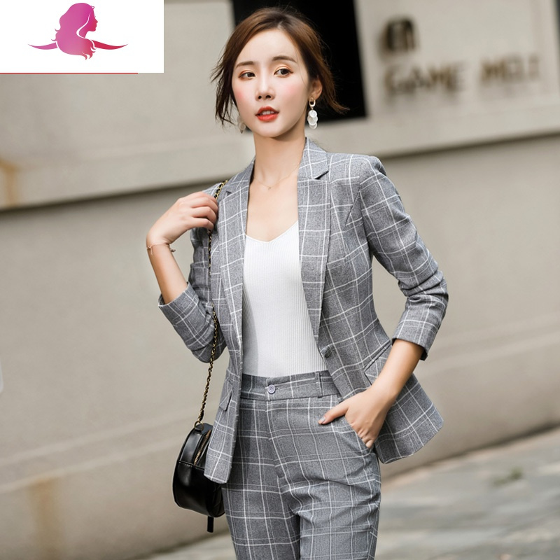 艳如飞格子小西装外套女秋季新款韩版气质时尚休闲短款洋气网红西服套装套装