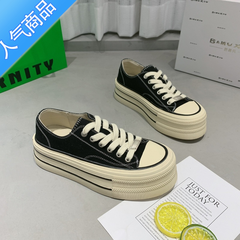 SUNTEK韩版厚底小白鞋女2023新款运动休闲鞋增高圆头系带低帮板鞋帆布鞋