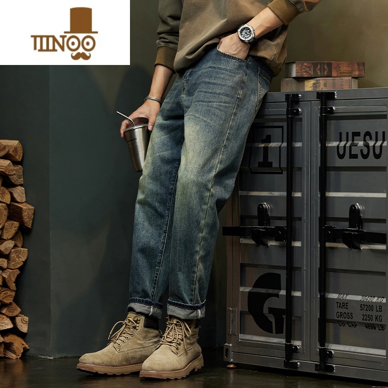 YANXU秋季复古牛仔裤男士潮牌2023新款美式大码男装宽松直筒长裤子高清大图
