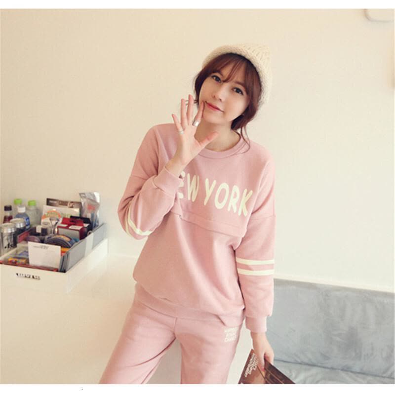 迪鲁奥(DILUAO)哺乳衣外出秋装 孕妇装秋外出哺乳衣套装月子服卫衣哺乳套装喂奶衣 112粉色 均码图片