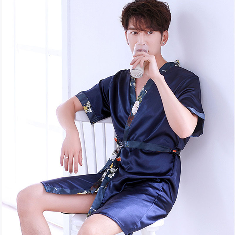 睡袍男夏季冰丝短袖薄款性感丝绸浴袍浴衣男士夏天丝质睡衣家居服