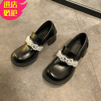 金三志粗跟单鞋女2021年春季新款百搭高跟鞋韩版学生圆头水钻黑色小皮鞋休闲鞋