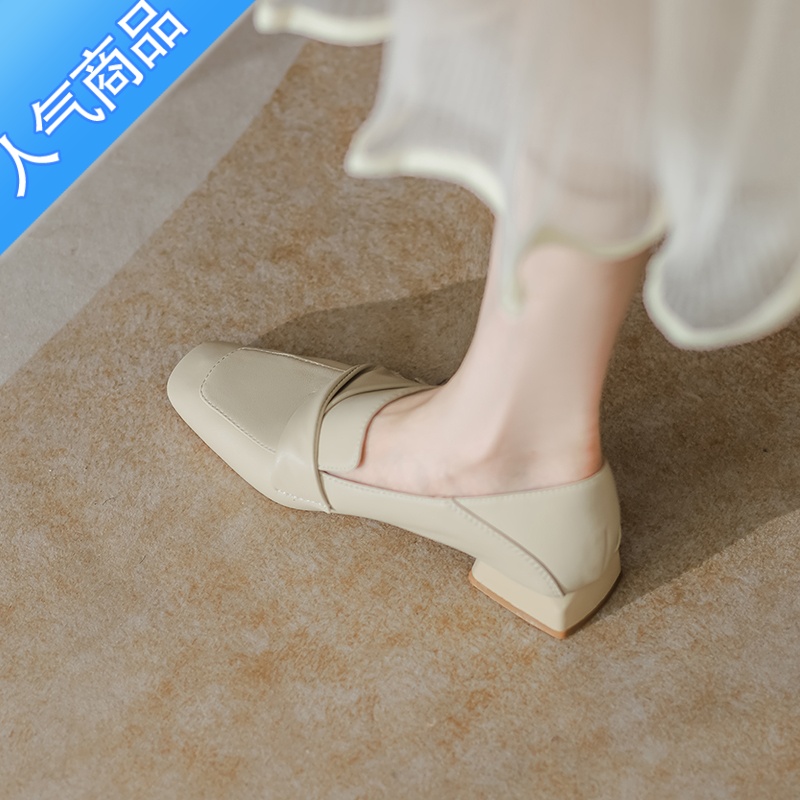 SUNTEK乐福鞋女粗跟新款2023显脚小春秋单鞋方头中跟百搭软皮小皮鞋高清大图