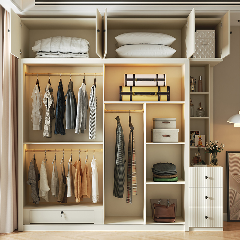 奶油白推拉门衣柜卧室家用北欧柜子实木颗粒板移门滑门衣橱小户型