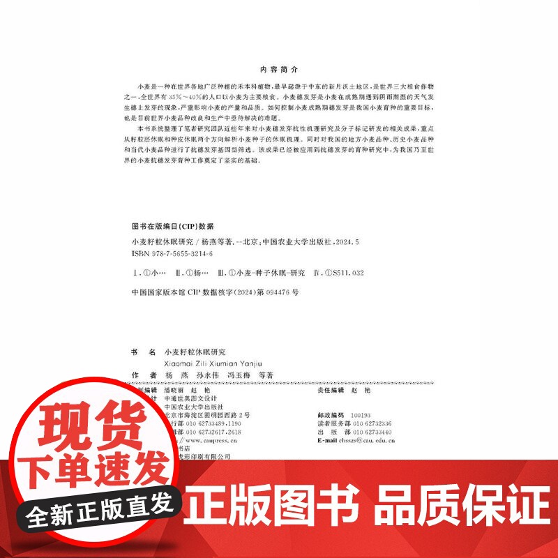 正版 小麦籽粒休眠研究 杨燕 孙永伟 冯玉梅主编 中国农业大学出版社店9787565532146高清大图
