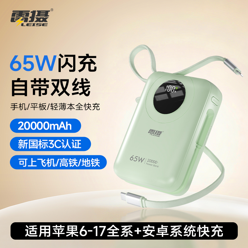 雷摄(LEISE) MH818 65W充电宝2万毫安自带线快充可上飞机 绿色