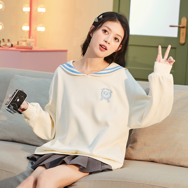 唐狮2024春新款卫衣女领日系甜美功夫熊猫联名款宽松显瘦上衣_018 S 米白